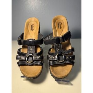 Clarks Collection Womens Black Leather Strappy Wedge Slide Sandals 6M 26107448